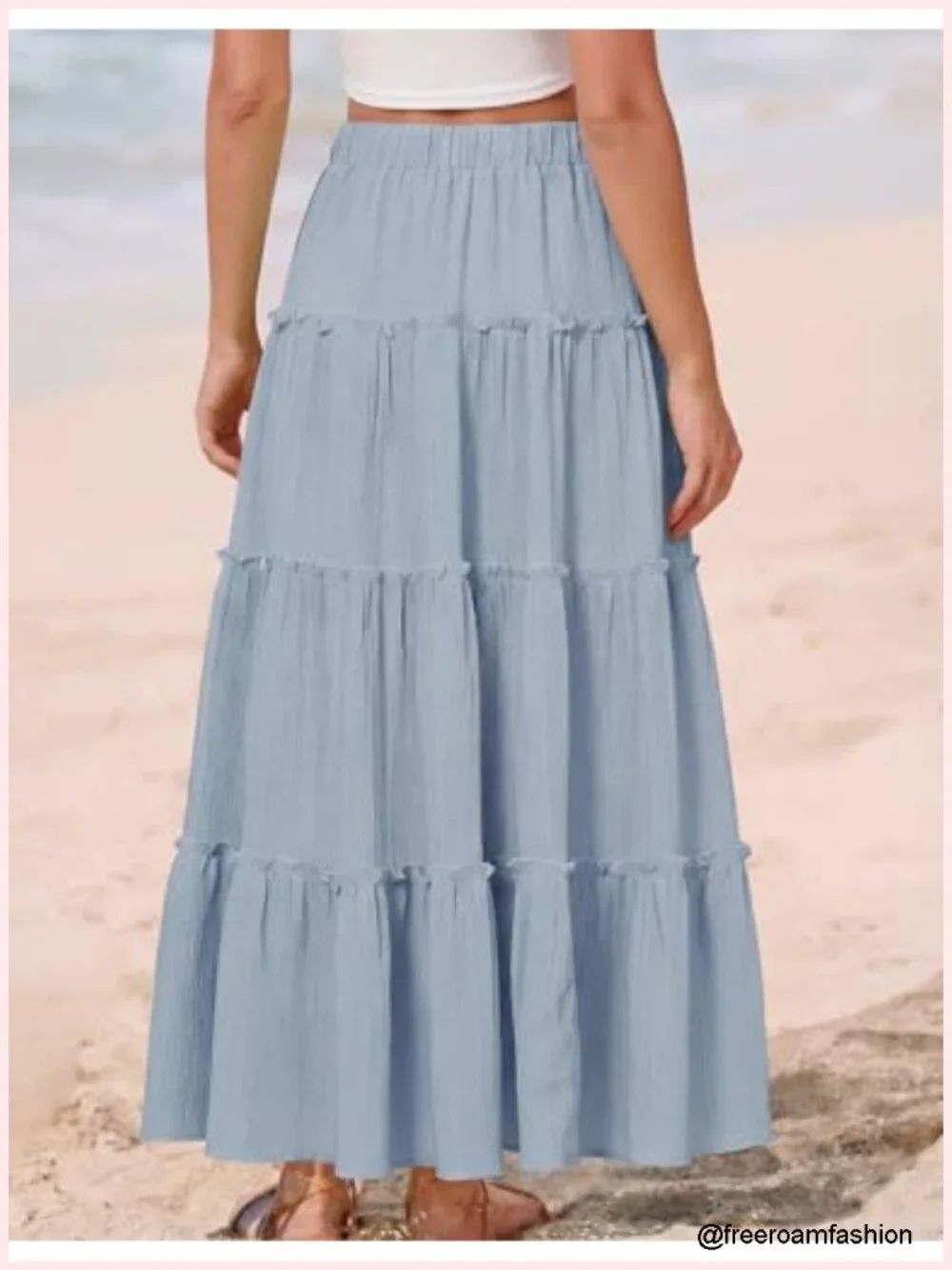 Boho Maxi Skirt Flowy Ruffle Tiered High Waisted A-Line Elastic Waist